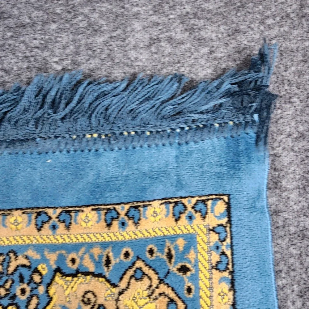 Riyadh Velvet Prayer Rug Musallah 41x27 Blue Gold Kaaba Motif Saudi Arabia‎